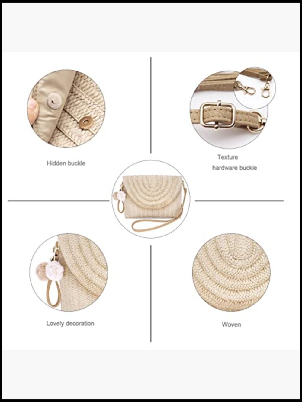 Woven Straw Clutch Bag Handmade Casual Beach Crossbody Shoulder Purse - Picture 5 of 7